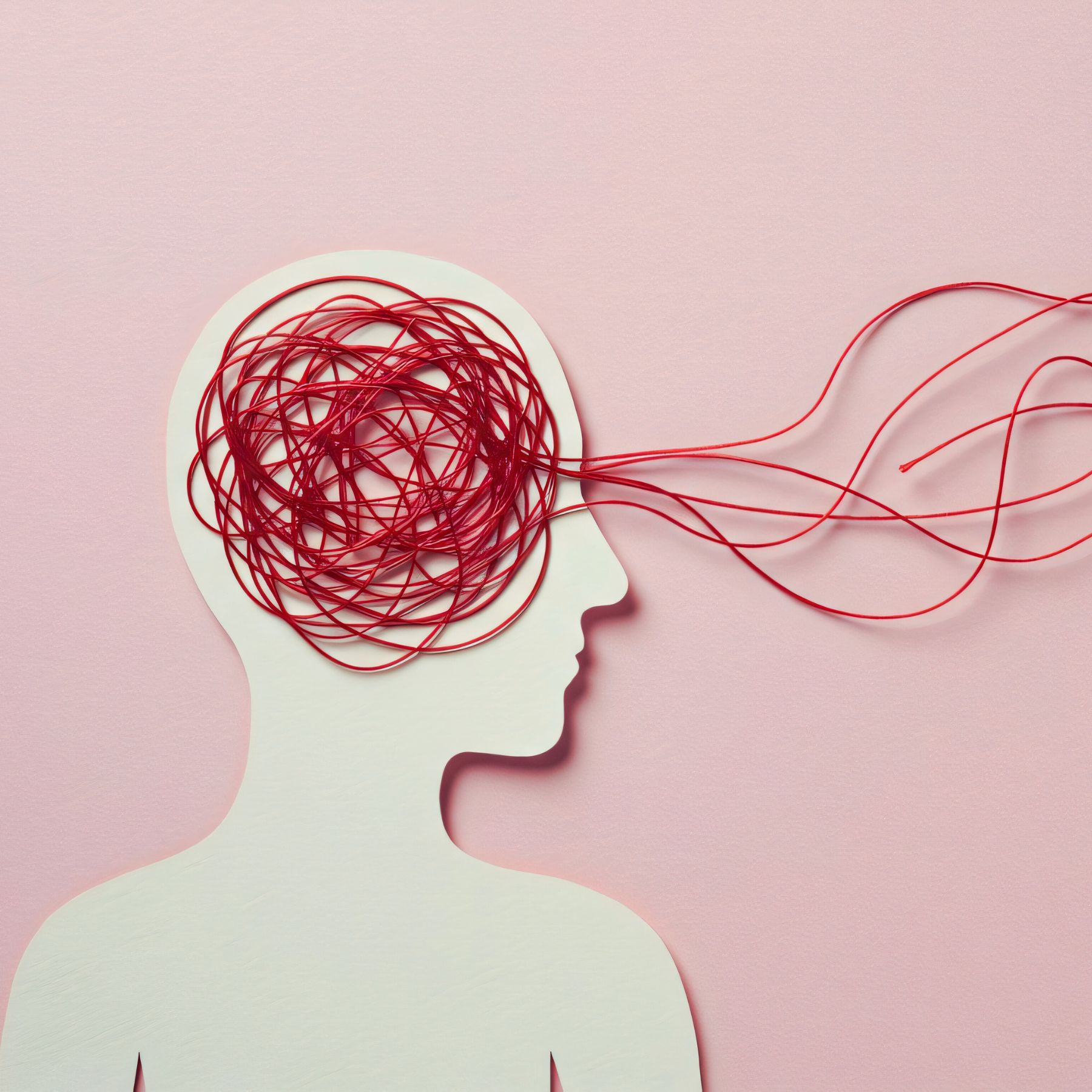 silhouette of a person with their brain full of string, string slowly falling out, ocd
